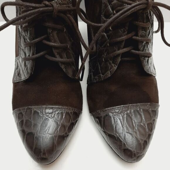 REBECCA BLUE Lace-up High Cone Heels Suede & Patent Leather Shoes Sz 7.5 Eur 38 - Picture 6 of 16